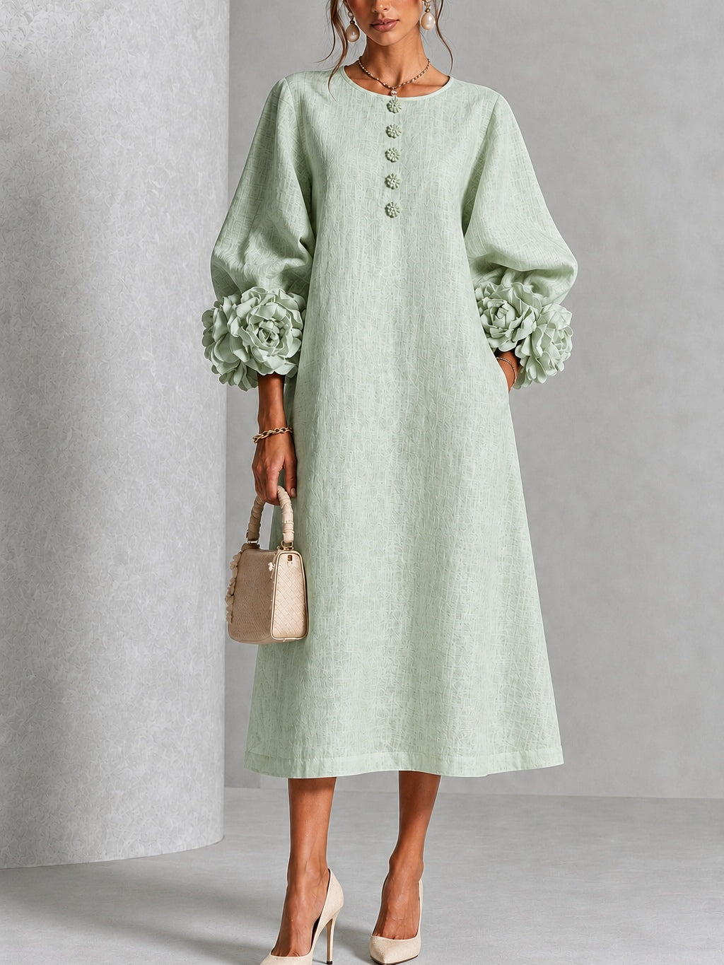Robe Midi À Boutonnage Sage Mist Avec Manches Fleuries Distinctives