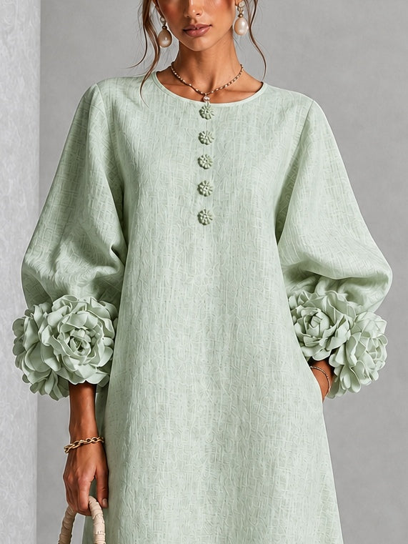 Robe Midi À Boutonnage Sage Mist Avec Manches Fleuries Distinctives