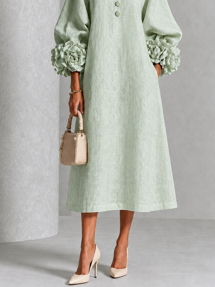 Robe Midi À Boutonnage Sage Mist Avec Manches Fleuries Distinctives