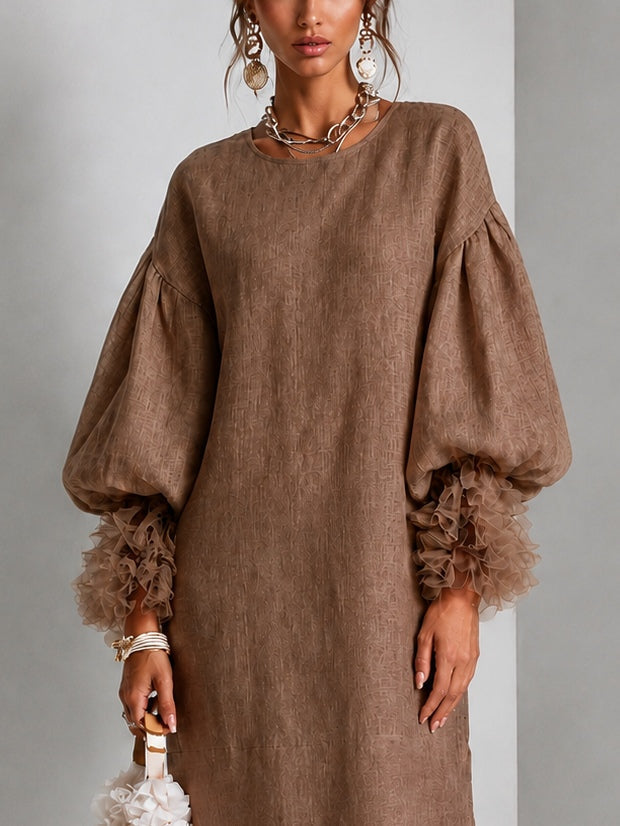 Robe Midi Ajustable Marron avec Cordons à la Taille, Manches Lanternes et Manches Volantes Plissées