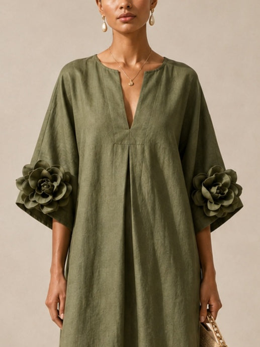 Robe Midi Vert Olive à Col V avec Manches Florales Étonnantes