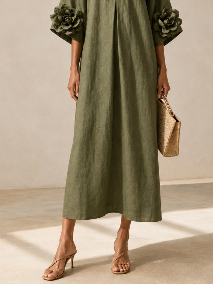 Robe Midi Vert Olive à Col V avec Manches Florales Étonnantes