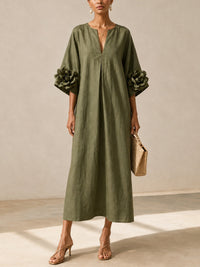 Robe Midi Vert Olive à Col V avec Manches Florales Étonnantes