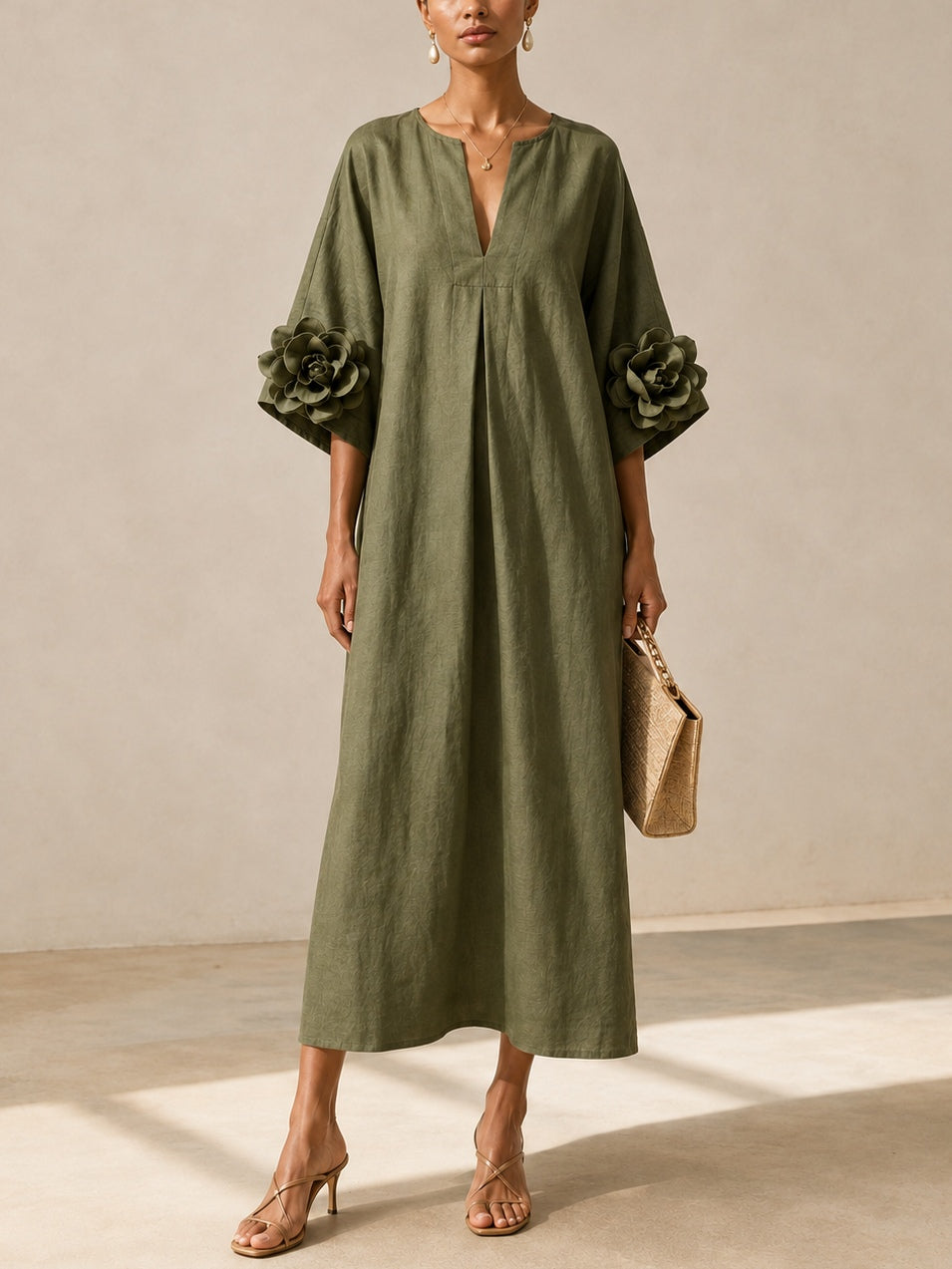 Robe Midi Vert Olive à Col V avec Manches Florales Étonnantes