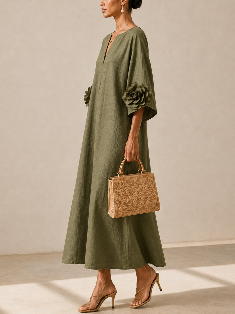 Robe Midi Vert Olive à Col V avec Manches Florales Étonnantes