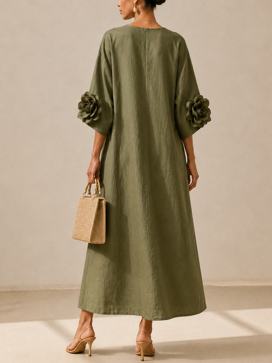 Robe Midi Vert Olive à Col V avec Manches Florales Étonnantes