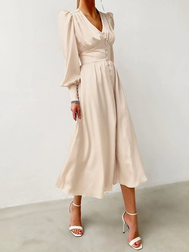 Robe Midi Satinée à Manches Ballon et Col V