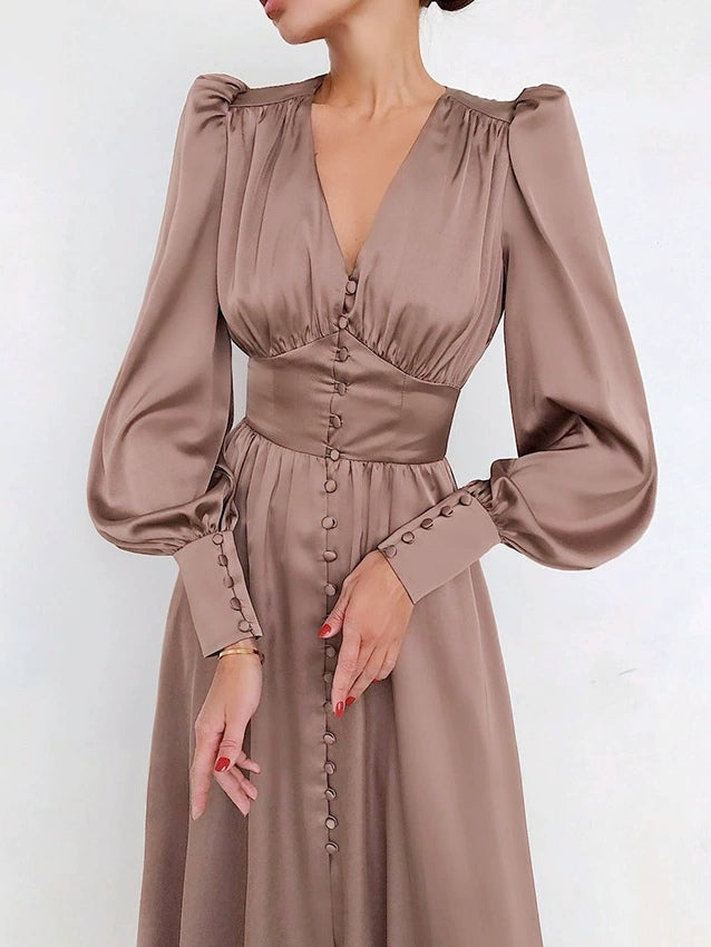 Robe Midi Satinée à Manches Ballon et Col V