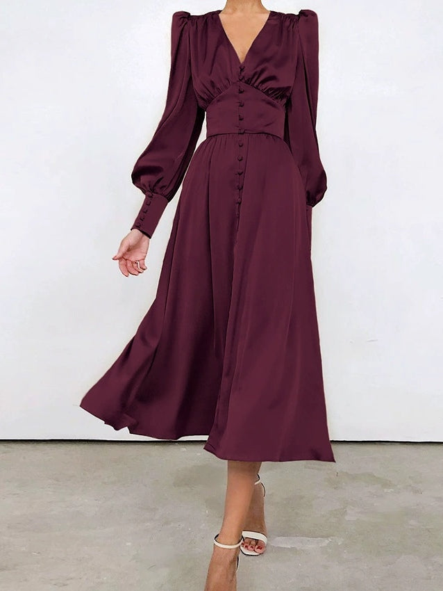 Robe Midi Satinée à Manches Ballon et Col V