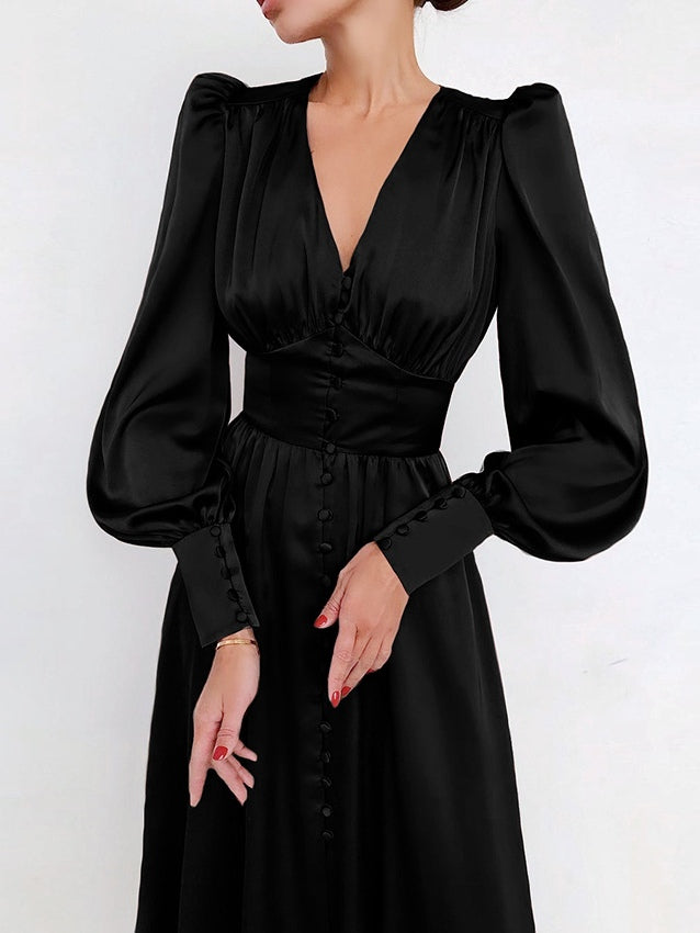 Robe Midi Satinée à Manches Ballon et Col V