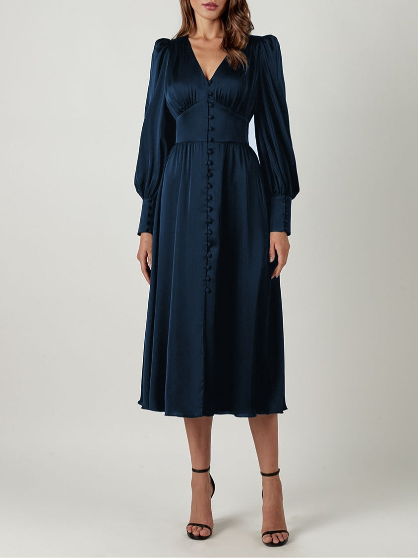 Robe Midi Satinée à Manches Ballon et Col V