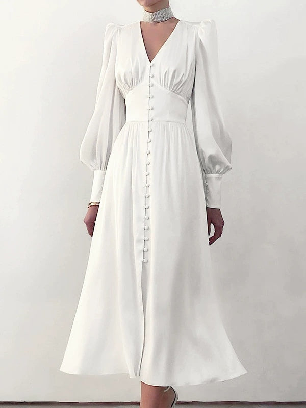 Robe Midi Satinée à Manches Ballon et Col V