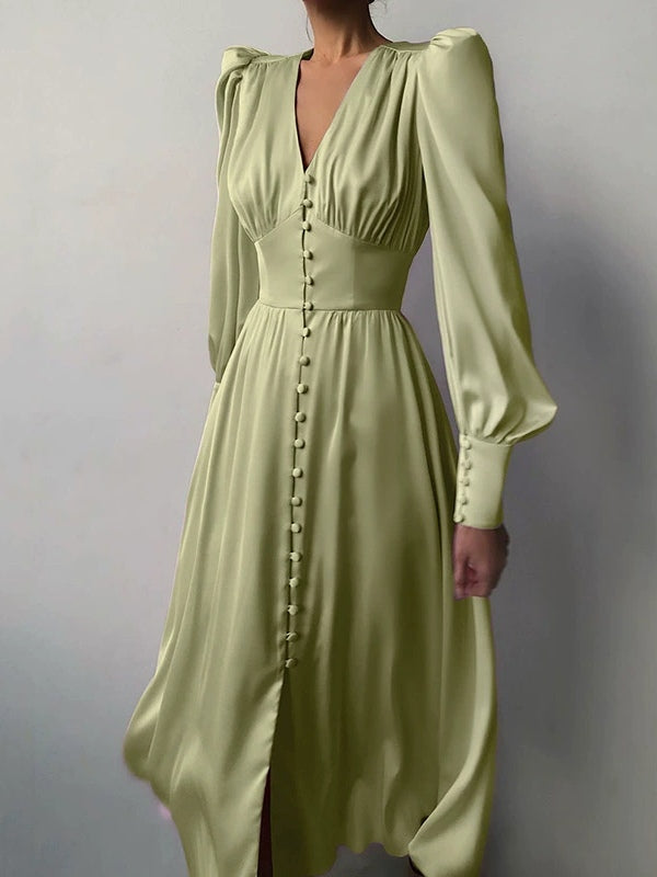 Robe Midi Satinée à Manches Ballon et Col V