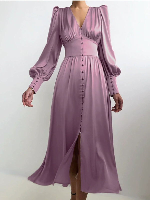 Robe Midi Satinée à Manches Ballon et Col V