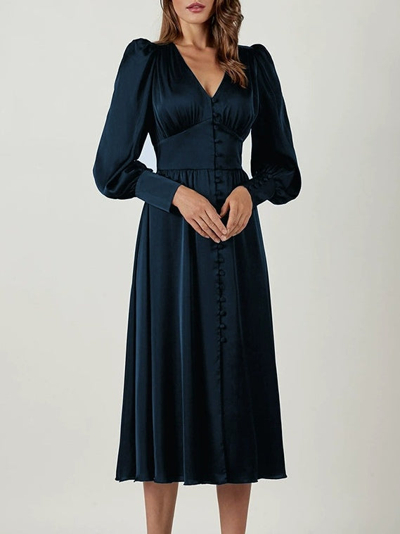 Robe Midi Satinée à Manches Ballon et Col V