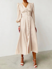 Robe Midi Satinée à Manches Ballon et Col V