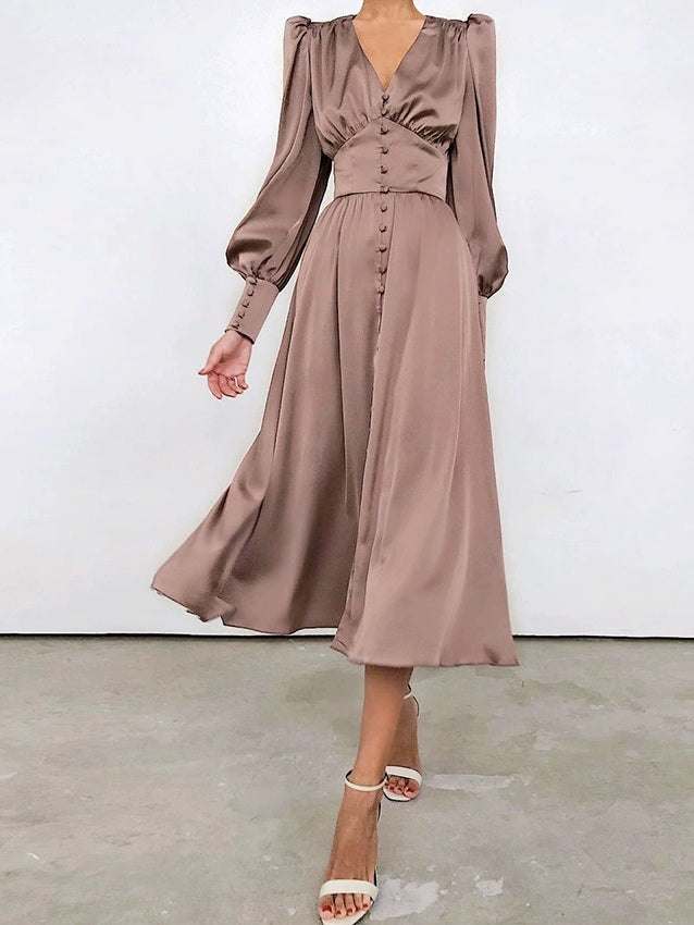 Robe Midi Satinée à Manches Ballon et Col V