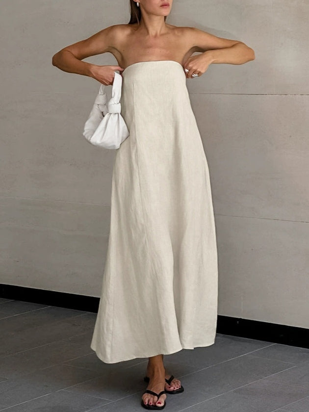 Robe Longue en Lin A-ligne Sans Bretelles
