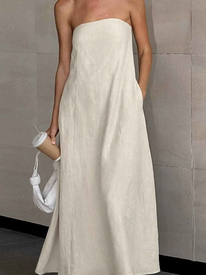 Robe Longue en Lin A-ligne Sans Bretelles