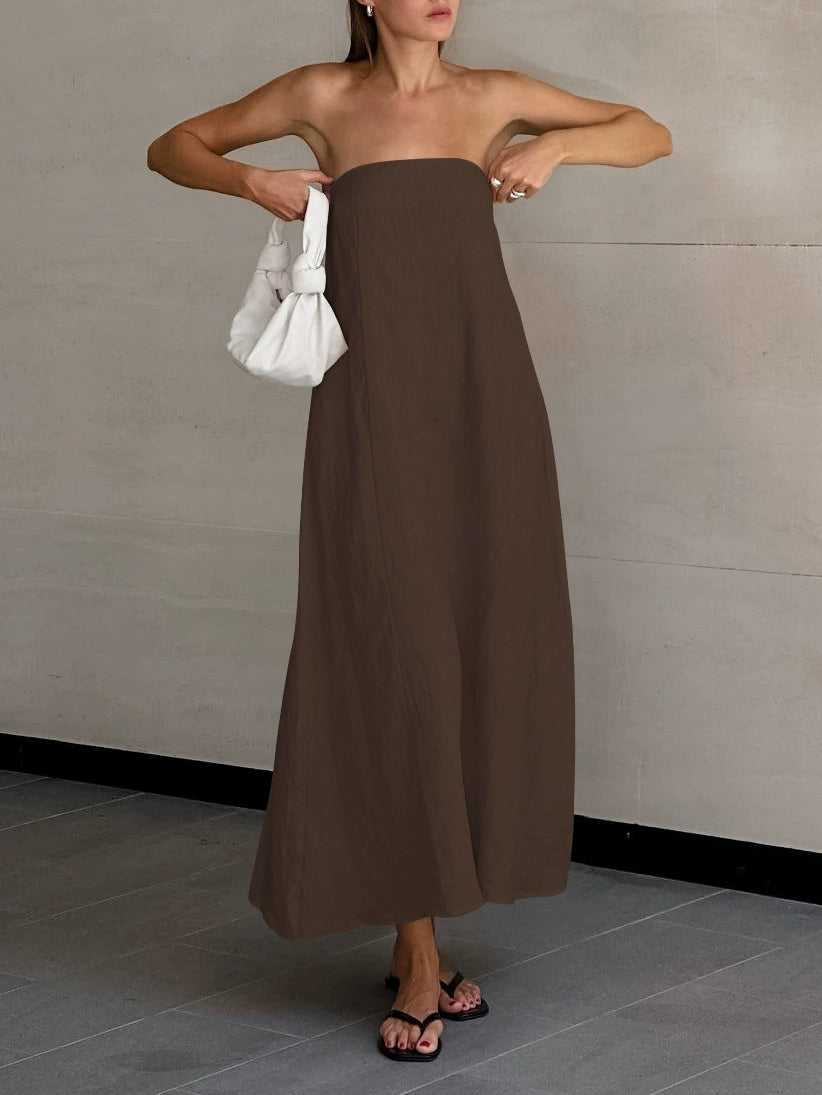 Robe Longue en Lin A-ligne Sans Bretelles