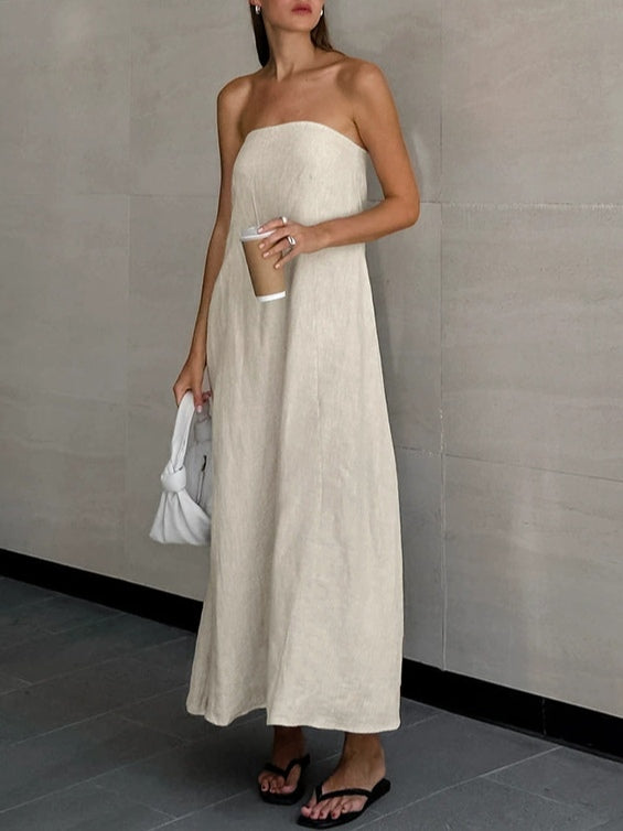 Robe Longue en Lin A-ligne Sans Bretelles