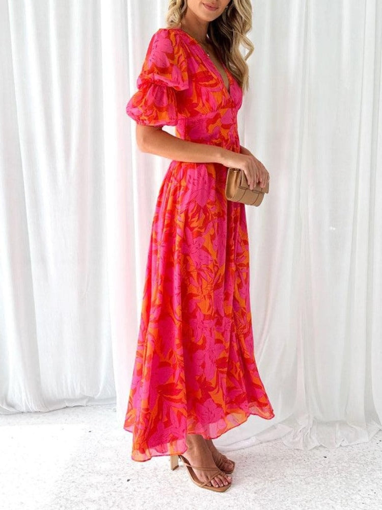 Robe Midi Élegante à Fleurs avec Décolleté en V