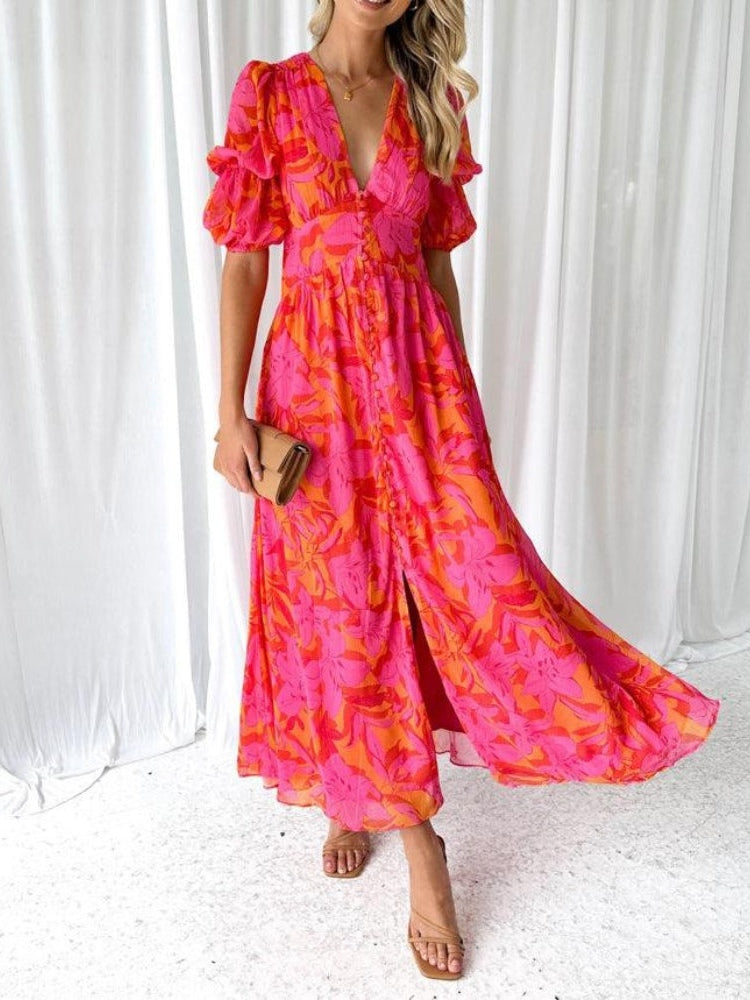 Robe Midi Élegante à Fleurs avec Décolleté en V