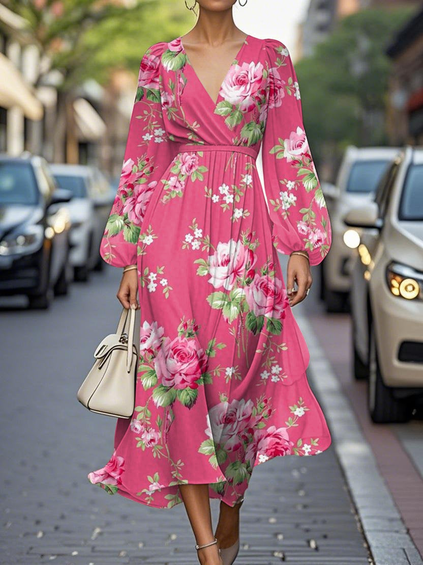 Robe Midi Chiffon Plissée à Fleurs avec Décolleté en V Élégante