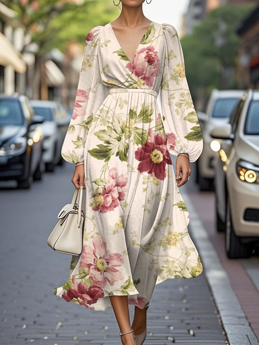 Robe Midi Chiffon Plissée à Fleurs avec Décolleté en V Élégante