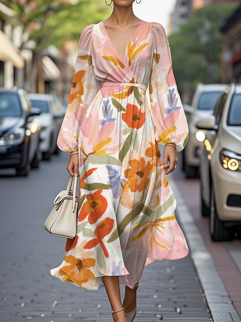 Robe Midi Chiffon Plissée à Fleurs avec Décolleté en V Élégante