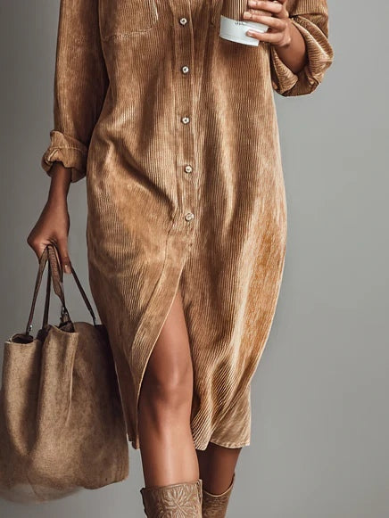 Robe Midi en Velours Côtelé Ample avec Poches Poitrine Doubles et Bouton Unique