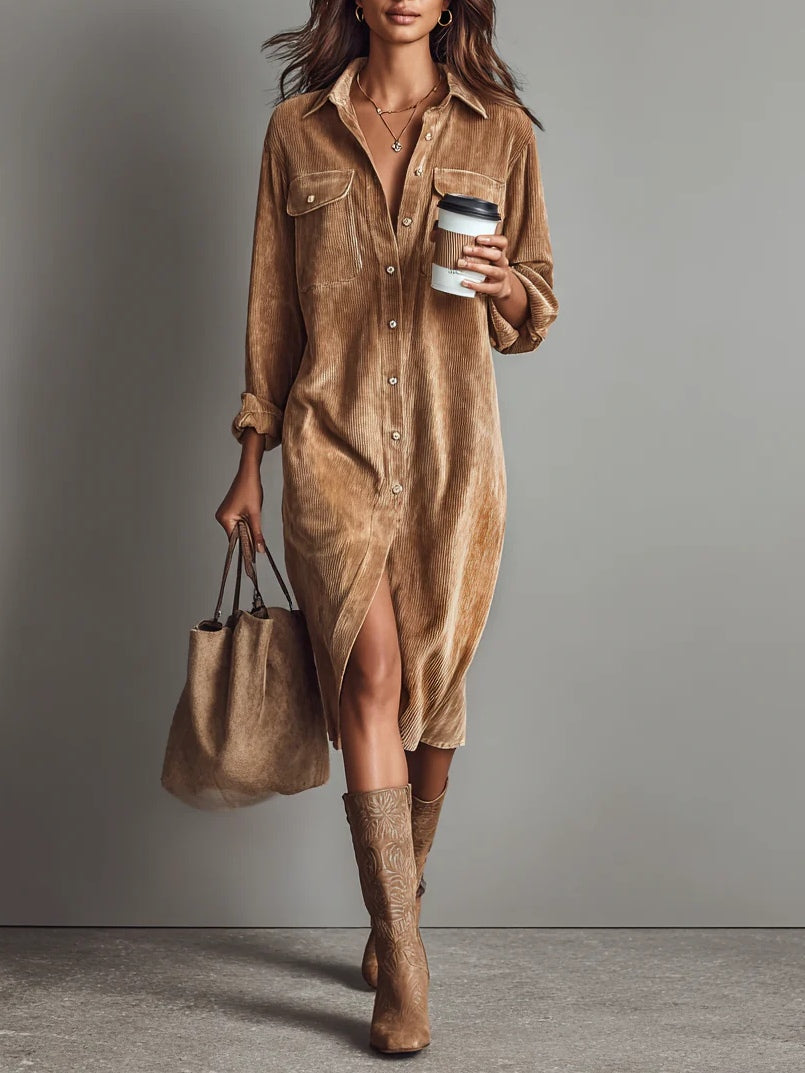 Robe Midi en Velours Côtelé Ample avec Poches Poitrine Doubles et Bouton Unique