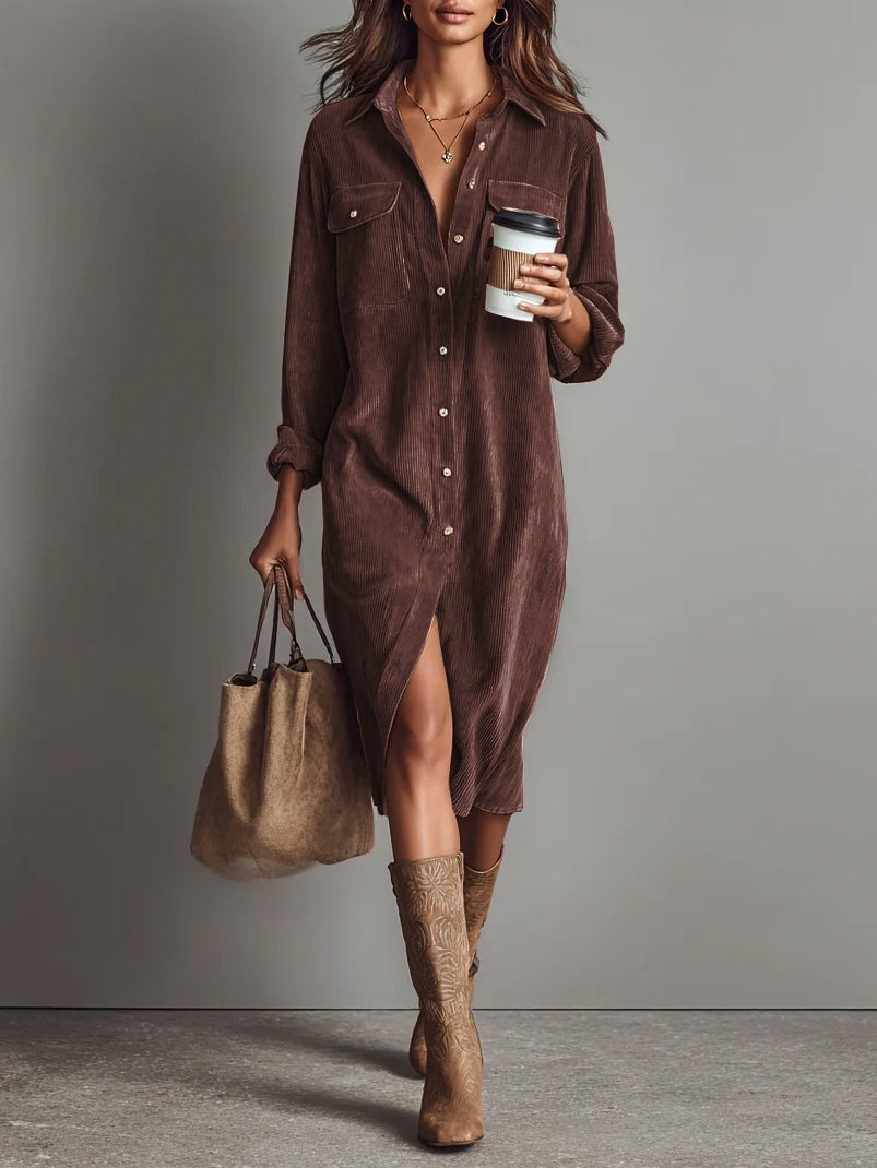 Robe Midi en Velours Côtelé Ample avec Poches Poitrine Doubles et Bouton Unique
