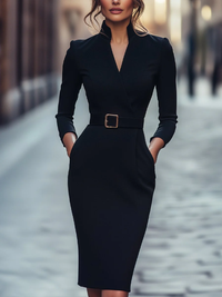 Robe Midi à Col Montant Noir avec Cordon de Serrage