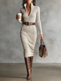 Robe Midi Tricotée Ceinturée Slim Fit Col Montant V avec Manches Longues (avec ceinture)