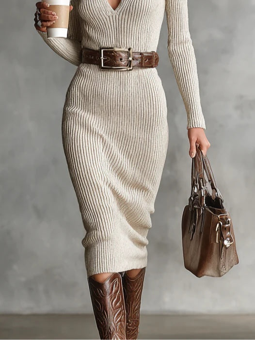 Robe Midi Tricotée Ceinturée Slim Fit Col Montant V avec Manches Longues (avec ceinture)
