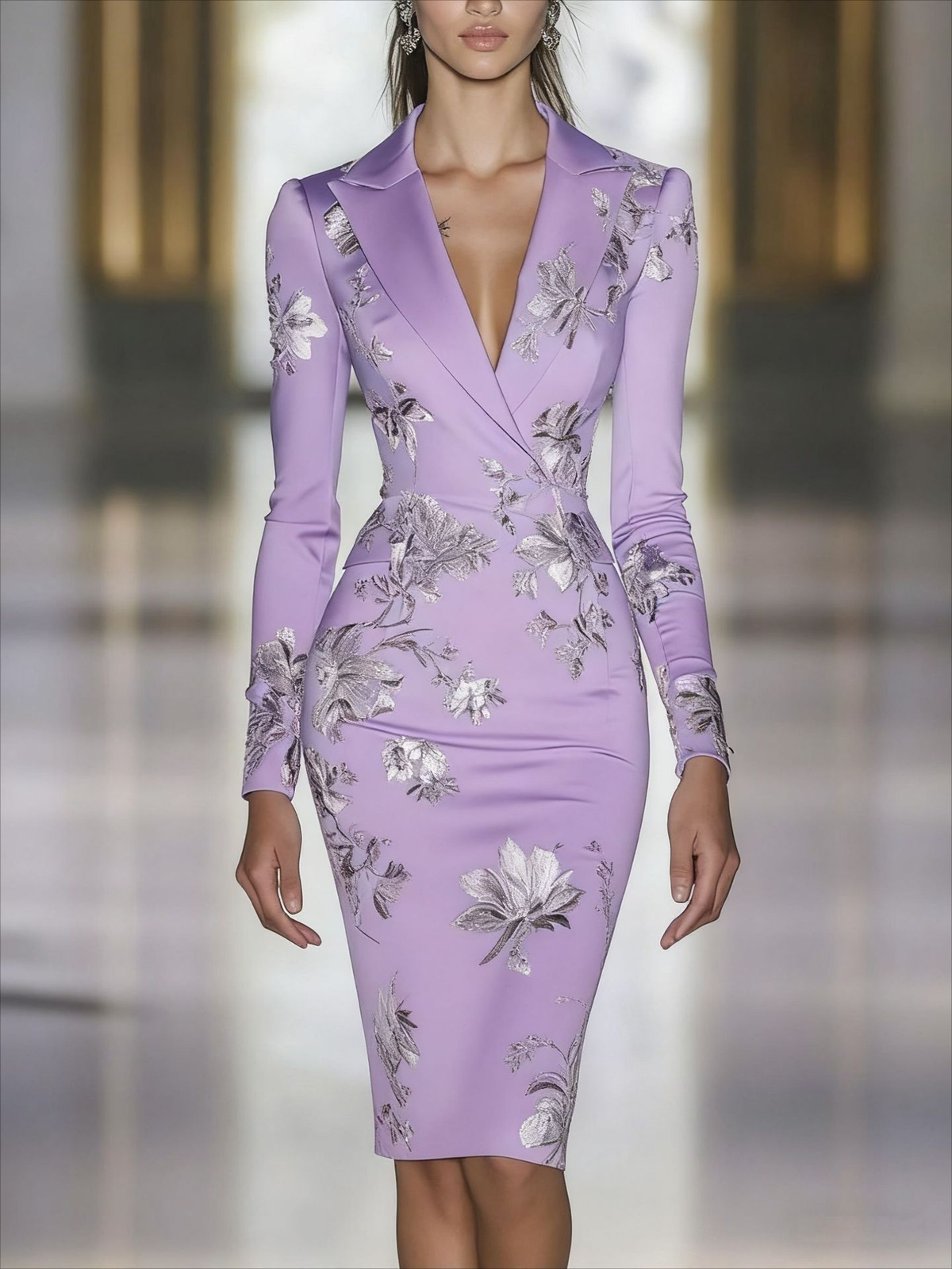 Robe Midi Blazer Élégante Imprimé Fleurs Bleues