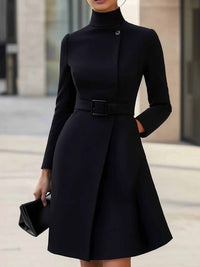 Robe Midi A-ligne à Col Montant avec Ceinture