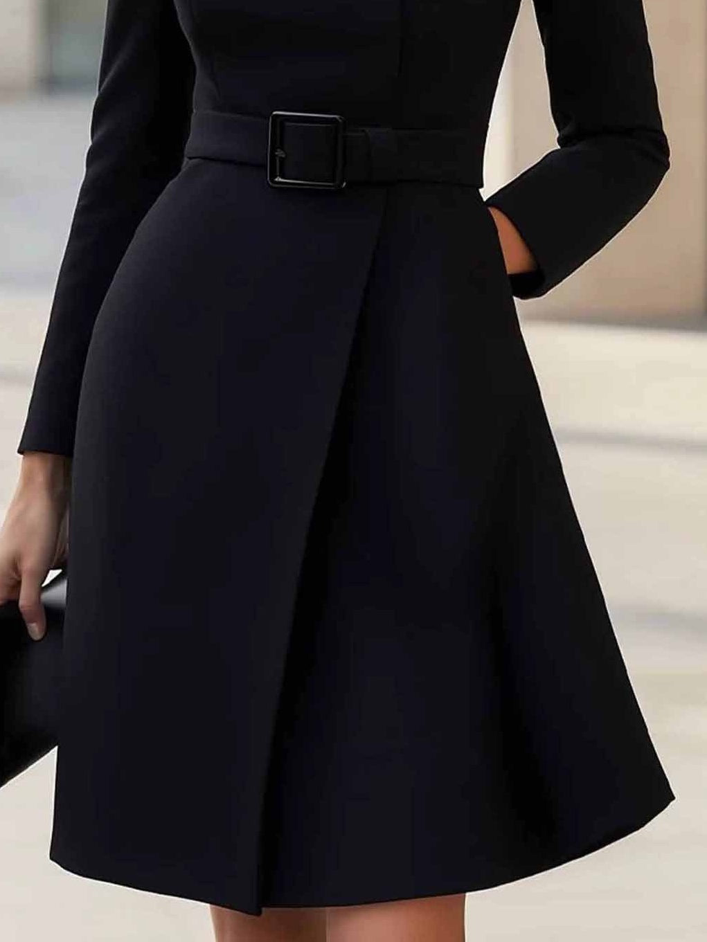 Robe Midi A-ligne à Col Montant avec Ceinture