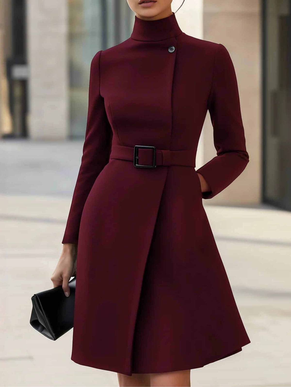 Robe Midi A-ligne à Col Montant avec Ceinture