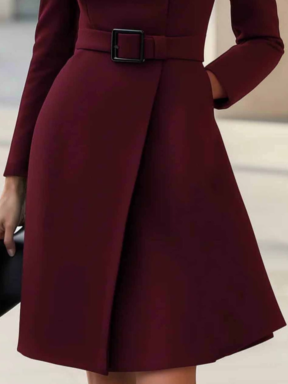 Robe Midi A-ligne à Col Montant avec Ceinture