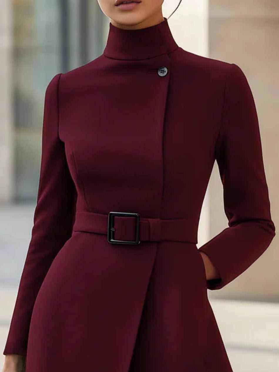 Robe Midi A-ligne à Col Montant avec Ceinture