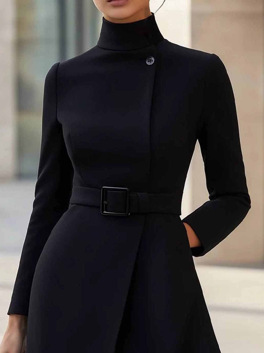 Robe Midi A-ligne à Col Montant avec Ceinture