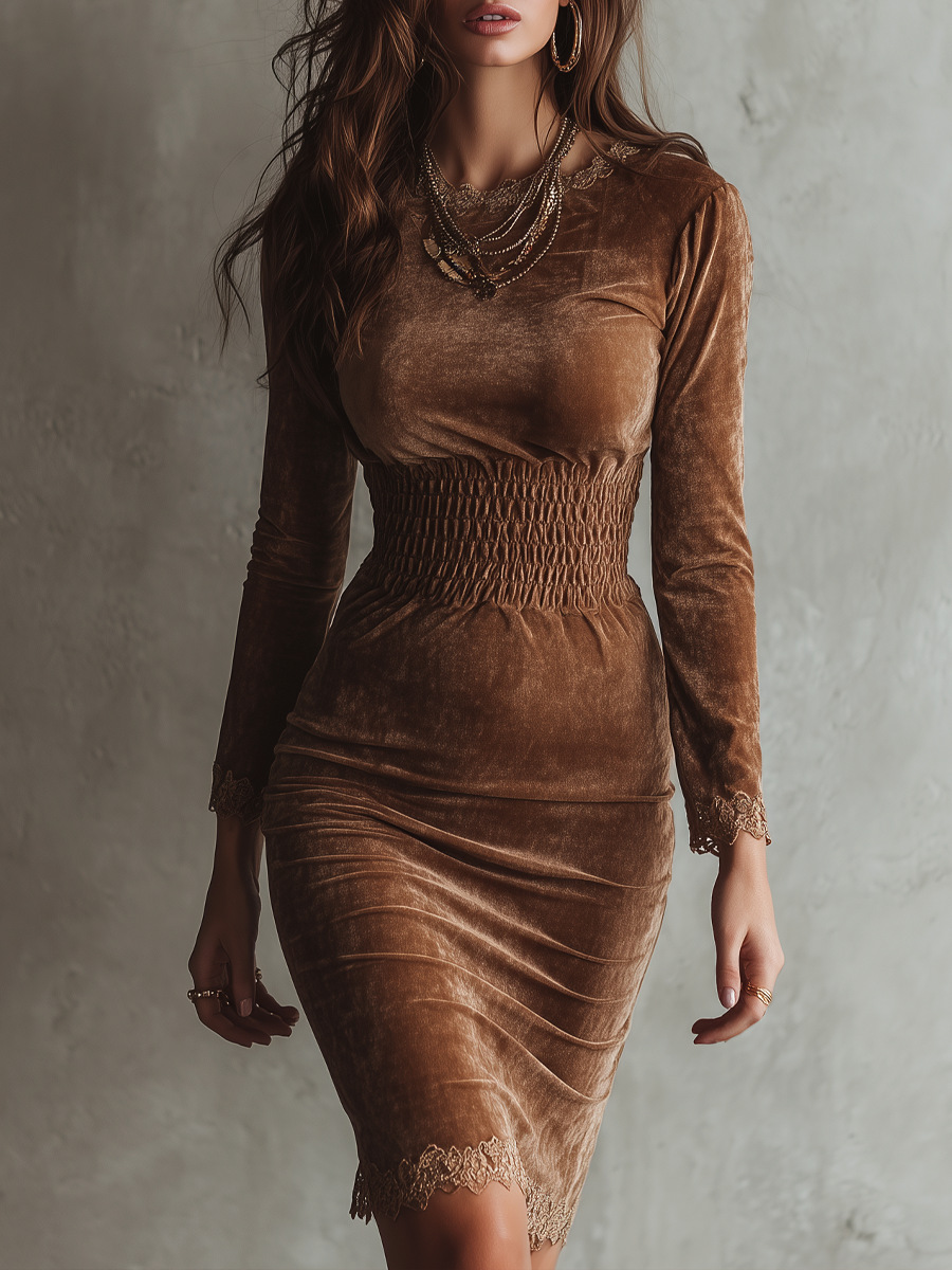 Robe Midi en Velours Brun Ajustée avec Dentelle