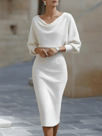 Robe Midi Drapée à Manches Chauve-Souris Blanche