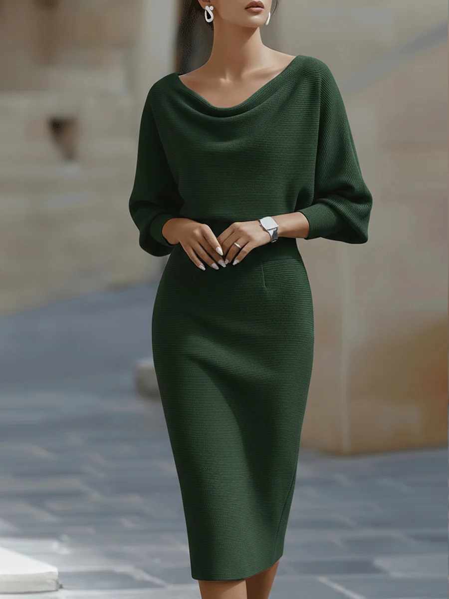 Robe Midi Drapée à Manches Chauve-Souris Blanche