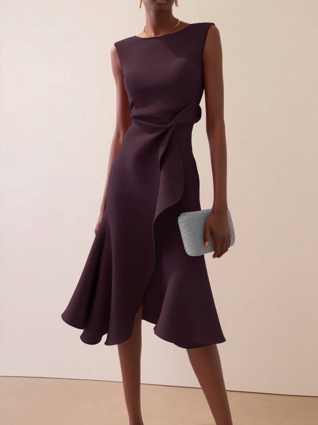 Robe Midi Élegante Sans Manches Rouge avec Torsion à la Taille pour le Jour et la Nuit