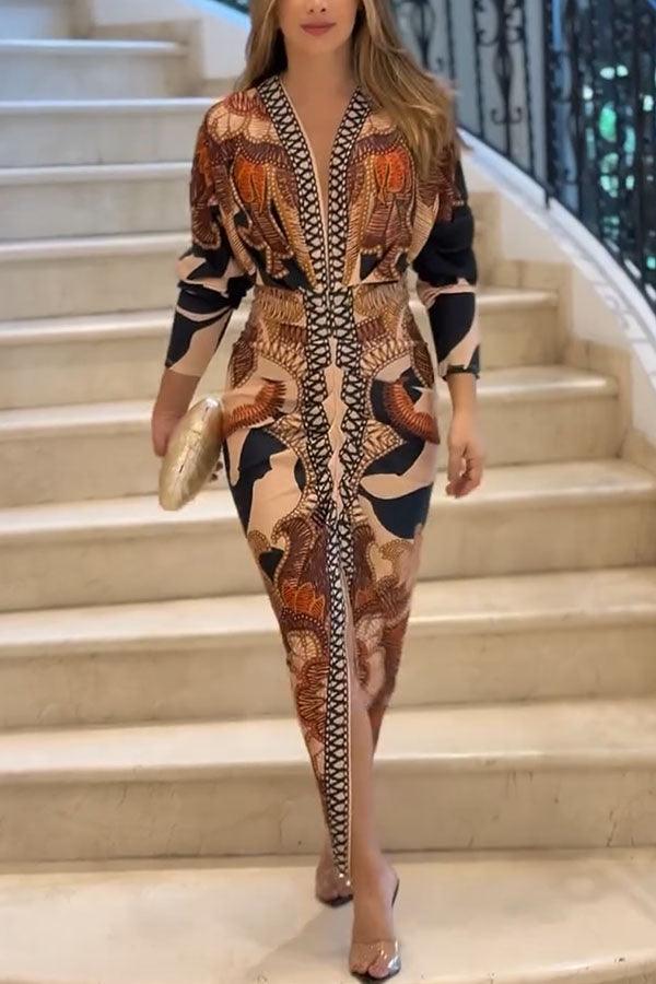 Robe Midi à Imprimé Unique avec Manches Dolman et Fente Froncée