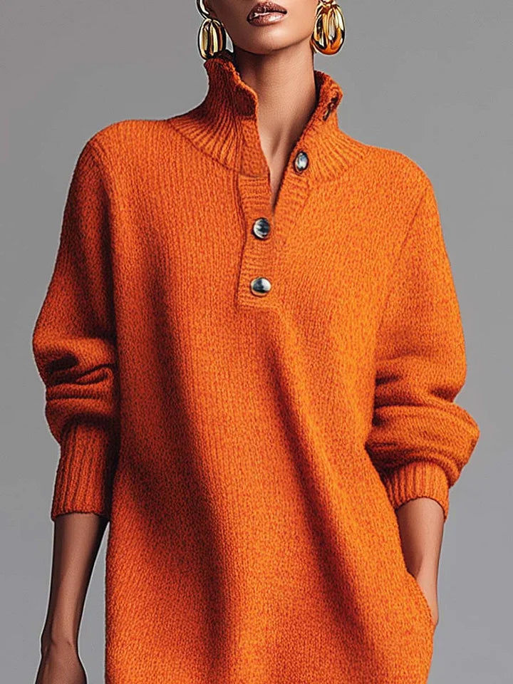 Robe Midi Tricotée à Boutons Avant Orange