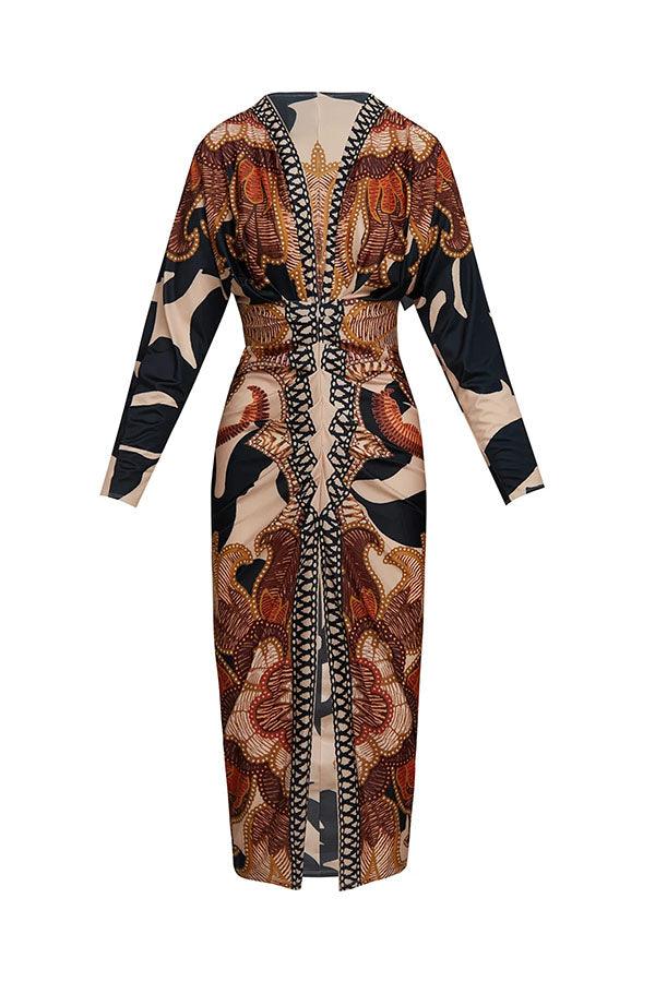 Robe Midi à Imprimé Unique avec Manches Dolman et Fente Froncée